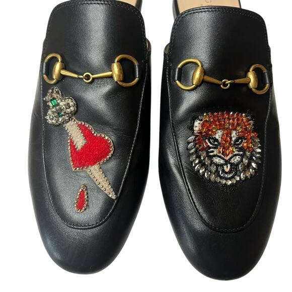 Gucci Black Leather Tiger and Pierced Heart Princetown Mule Slippers EU 38 US 8 - Picture 9 of 13